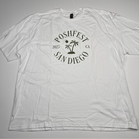 Poshmark Poshfest San Diego Tee Tshirt White Olive Green Lettering Swag 3X New - Picture 1 of 12